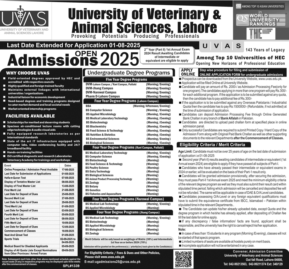 Admission Open in University of Veterinary & Animal Sciences Lahore